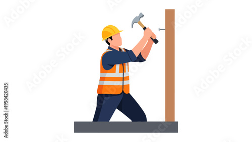Construction Worker at Work: A construction worker in a hard hat and safety vest skillfully hammers a nail into a wooden structure, showcasing precision and dedication to his craft.