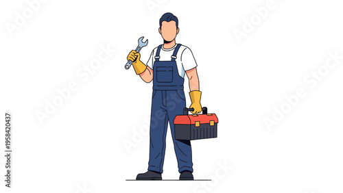 Handyman's Resolve: A skilled handyman stands ready, wrench in hand and toolbox at his side, epitomizing expertise and preparedness for any task.