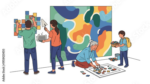 Artistic Collaboration: A multigenerational group comes together, working on a large-scale art project, painting and assembling pieces with focus and joy. A colorful depiction of creative endeavor.