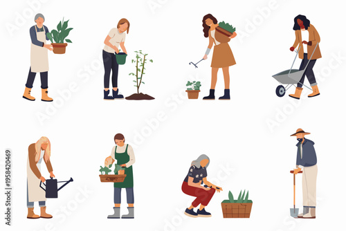 Diverse group of people actively gardening and tending to plants outdoors