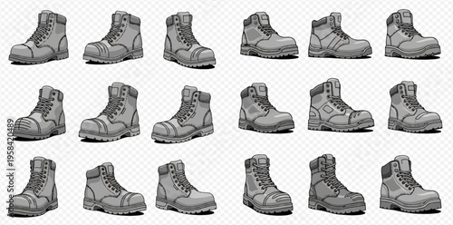 Collection of various work boots and safety shoes in different styles and shades of gray, isolated on a transparent background.