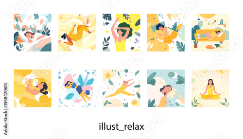 自宅でリラックスしている女性_イラスト素材