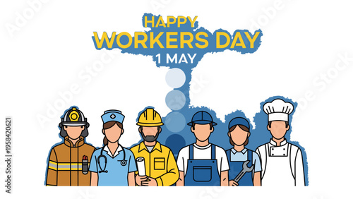 Happy Worker's Day Celebration: Celebrating the dedication and hard work of workers from diverse professions, a vibrant illustration captures the essence of International Worker's Day. 