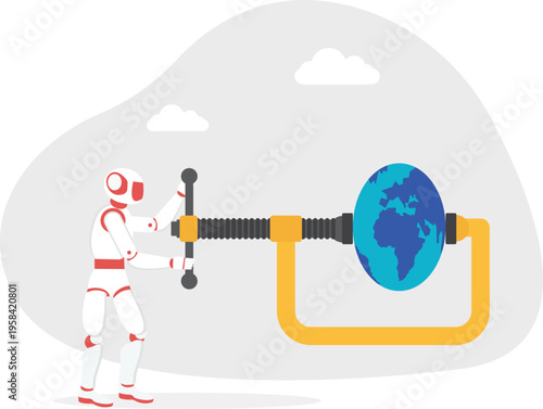 Robot using a mechanical clamp on a globe representing global automation and tech control