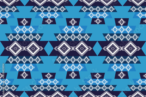 Blue Geometric Tribal Motif, Hmong Embroidery Seamless Pattern, Ethnic Diamond Textile Design, CMYK
