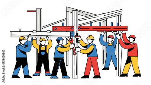 Construction Team Collaboration: A group of construction workers diligently collaborating on a building project, demonstrating teamwork, precision, and the intricate process of construction.