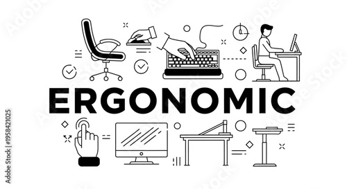 Ergonomic office equipment concept infographic with workspace icons and line art.