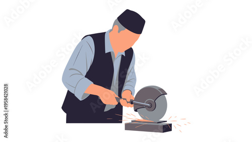 Sharpening Precision: An artisan meticulously sharpens a tool, sparks flying, showcasing the essence of craftsmanship and attention to detail.