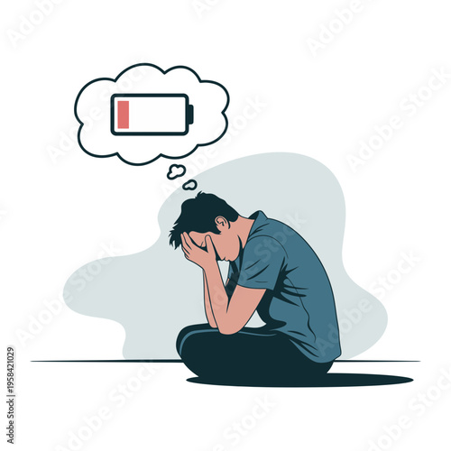 A man sits on the floor feeling exhausted and drained of energy