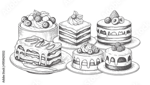 Hand drawn of assorted cakes with berries and cream dessert food sweet pastry