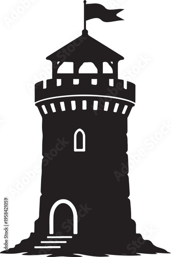 Black Castle Tower with Flag on White Background