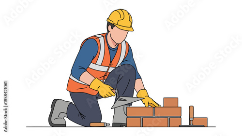Bricklayer at Work: A skilled bricklayer meticulously lays bricks, embodying precision and craftsmanship in their construction work.