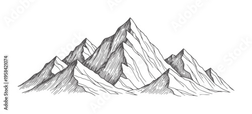 Hand drawn of jagged mountain peaks with sharp ridges and deep valleys handdrawn