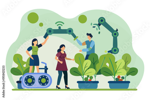 People interacting with robotic arms and technology in a green environment
