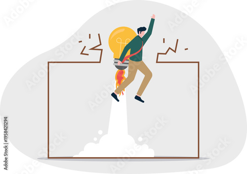 Businessman launching like a rocket through a wall hole representing breakthrough