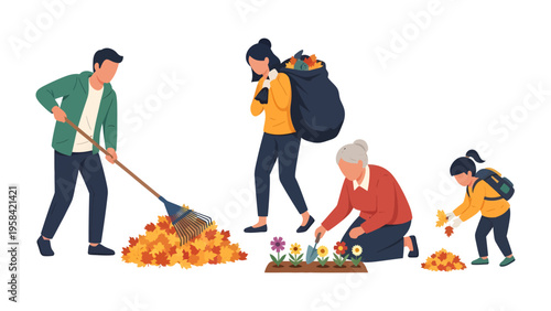 Family in Autumn: Illustrative depiction of a family united in the joy of autumn, each member engaged in seasonal tasks. This image captures the essence of togetherness, the spirit of service.