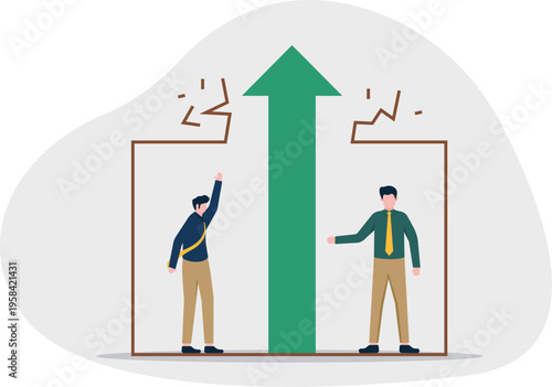 Large green upward arrow breaking through a wall representing market breakthrough