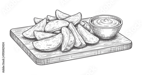 Hand drawn potato wedges and dipping sauce wooden board food rustic