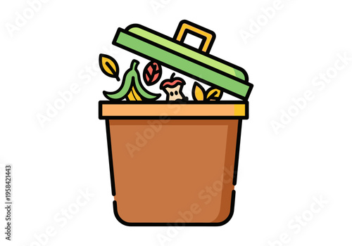 Compost bin filled with organic waste like banana peels and apple cores