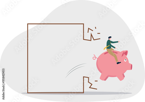 Businessman riding a piggy bank breaking through a wall representing savings breakthrough