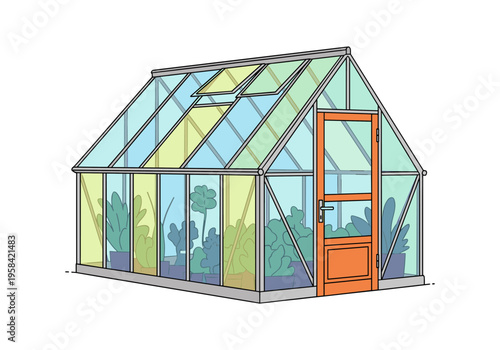 Modern glass greenhouse structure filled with lush green potted plants and an orange door