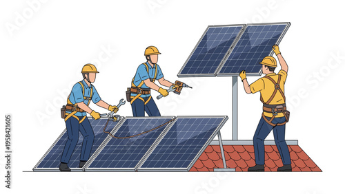 Solar Panel Installation: A team of skilled technicians meticulously installs solar panels on a rooftop, symbolizing the dawn of sustainable energy and the advancement of green technology.