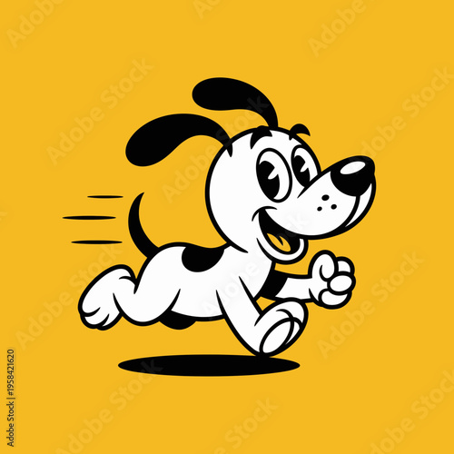 A cartoon dog is running quickly on a yellow background