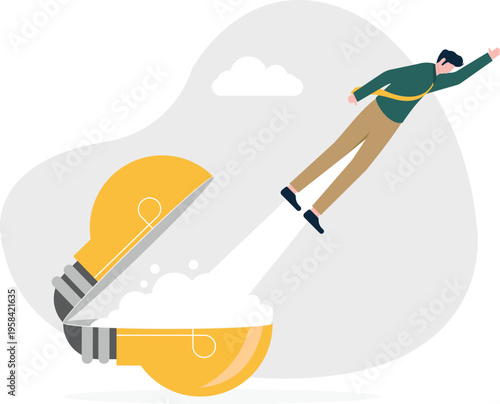 Businessman flying out of a lightbulb rocket representing a creative breakthrough