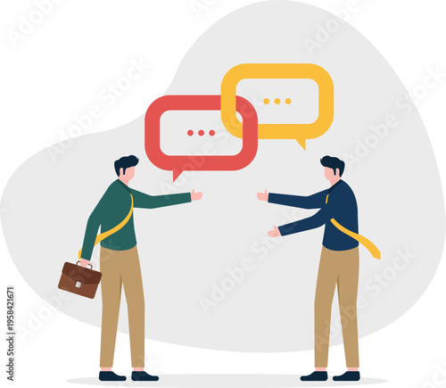 Two businessmen having a conversation with multiple speech bubbles representing communication
