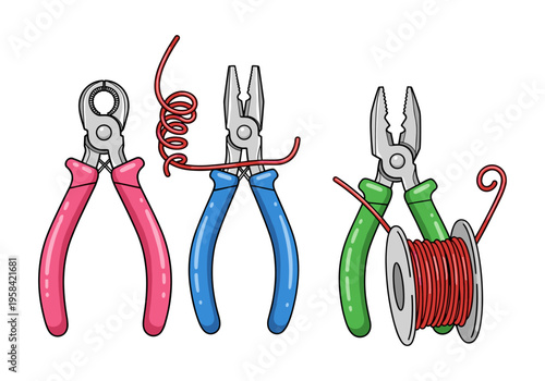 Assorted pliers and wire on a white background, cartoon style