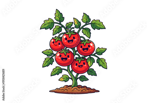 Cute cartoon tomato plant with happy faces smiling brightly