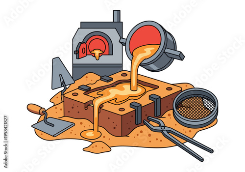 Metal casting process with molten metal being poured into a sand mold