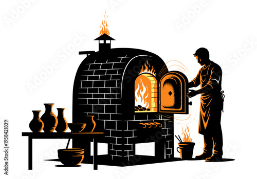 Potter tending to a brick kiln with flames and pottery on a table