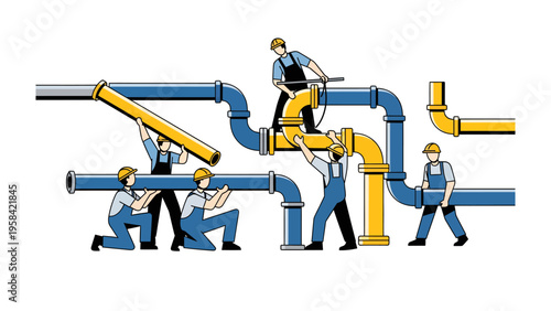 Piping Assembly: Skilled technicians collaborate on a complex piping system, showcasing expertise in engineering. 