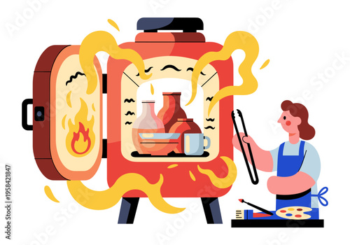 Ceramic artist using tongs to remove pottery from a hot kiln