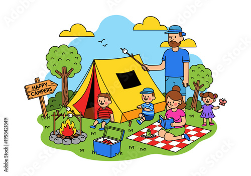 Happy family enjoying a fun camping trip with marshmallows by the campfire