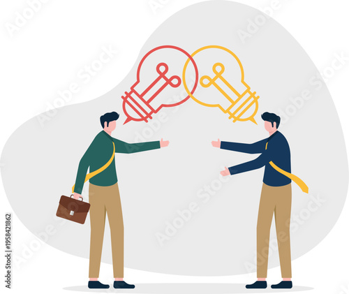 Two businessmen communicating with lightbulb bubbles representing brainstorming and ideas