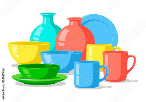 Collection of colorful ceramic dishes and vases arranged together