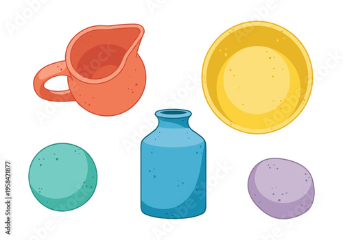 Collection of colorful ceramic pottery and spherical objects