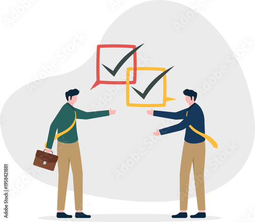 Two businessmen communicating with check mark bubbles representing agreement and consensus