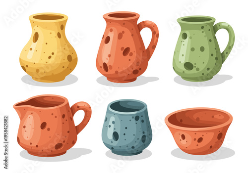Collection of six colorful cartoon ceramic pottery vessels with unique textures