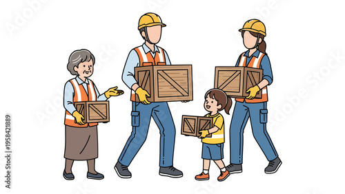 Family Collaboration: Illustration depicts a family unit working together to move wooden boxes, showcasing teamwork, support, and the importance of participation