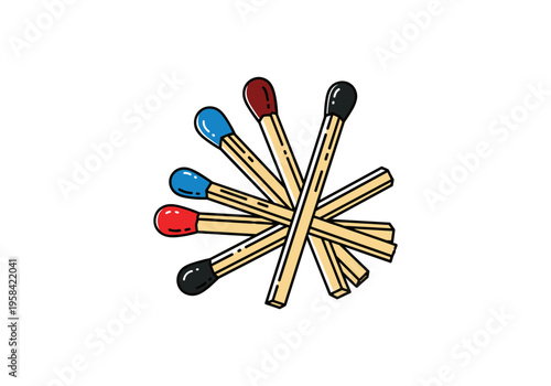 Pile of colorful matches with red, blue, and black heads on a white background