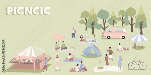 A colorful illustration depicts a lively outdoor picnic scene with people