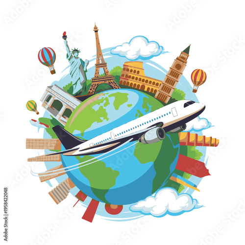 Travel around the world with a cartoon ship sailing on the ocean