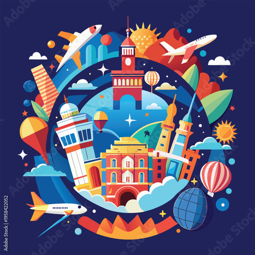 Cartoon vector illustration of a festive city with houses, towers, trees, and fairy tale style buildings in a seamless urban pattern