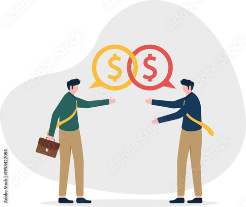 Two businessmen communicating with gold coin bubbles representing financial negotiation