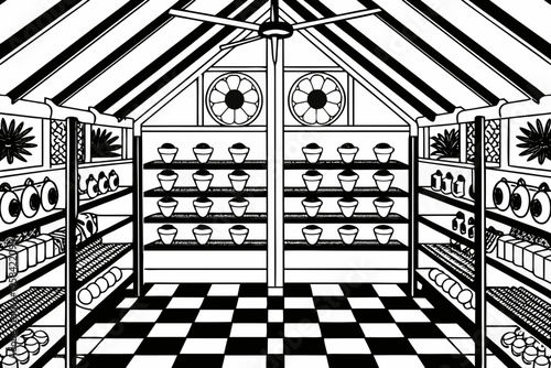 A black and white illustration of an ice cream shop interior scene