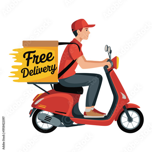Man riding a red scooter on the road with a helmet, vintage style, delivering goods in a cartoon illustration