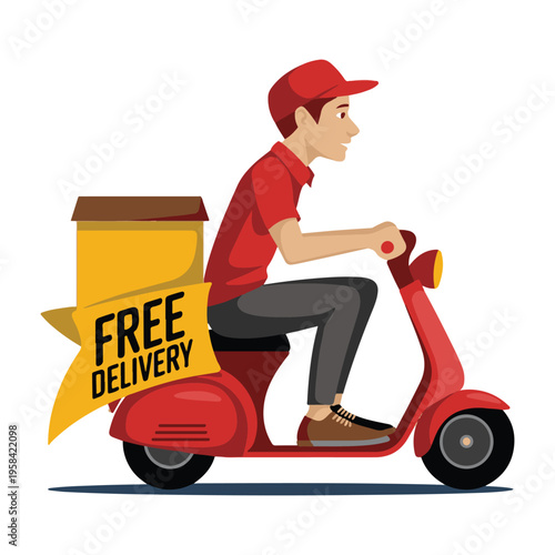 Delivery woman on a scooter riding on the road with food delivery